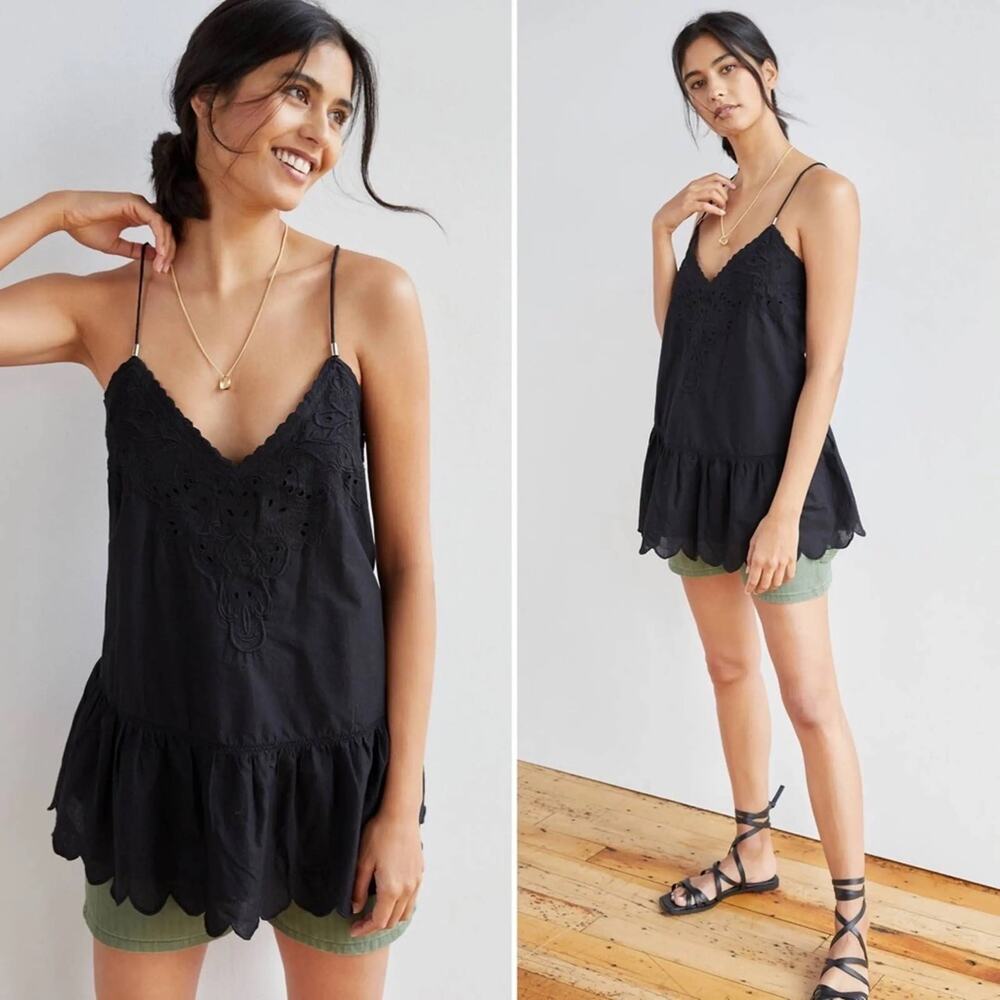 Anthropologie Let Me Be Lace Peplum Embroidered V-Neck Tank Top Black